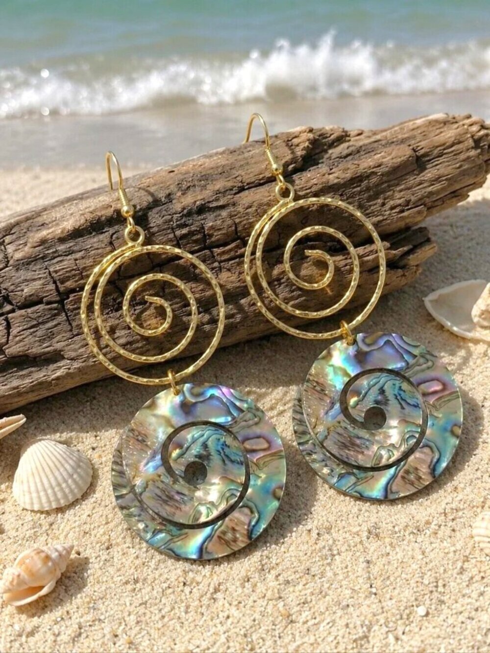 14K Gold Plated Natural Abalone Shell Spiral Dangle Earrings Boho Statement Gift